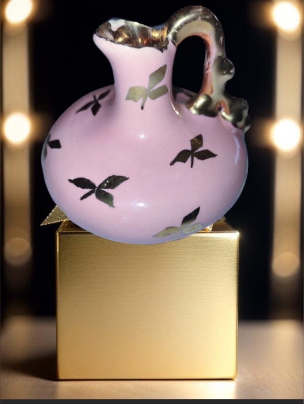 Pink & Gold Vintage Le Pere Pottery Porcelain Pitcher Vase 22KG Painted Leaves